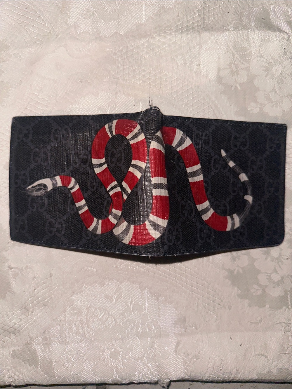 Gucci Black Canvas Wallet with Red and White Snake Motif